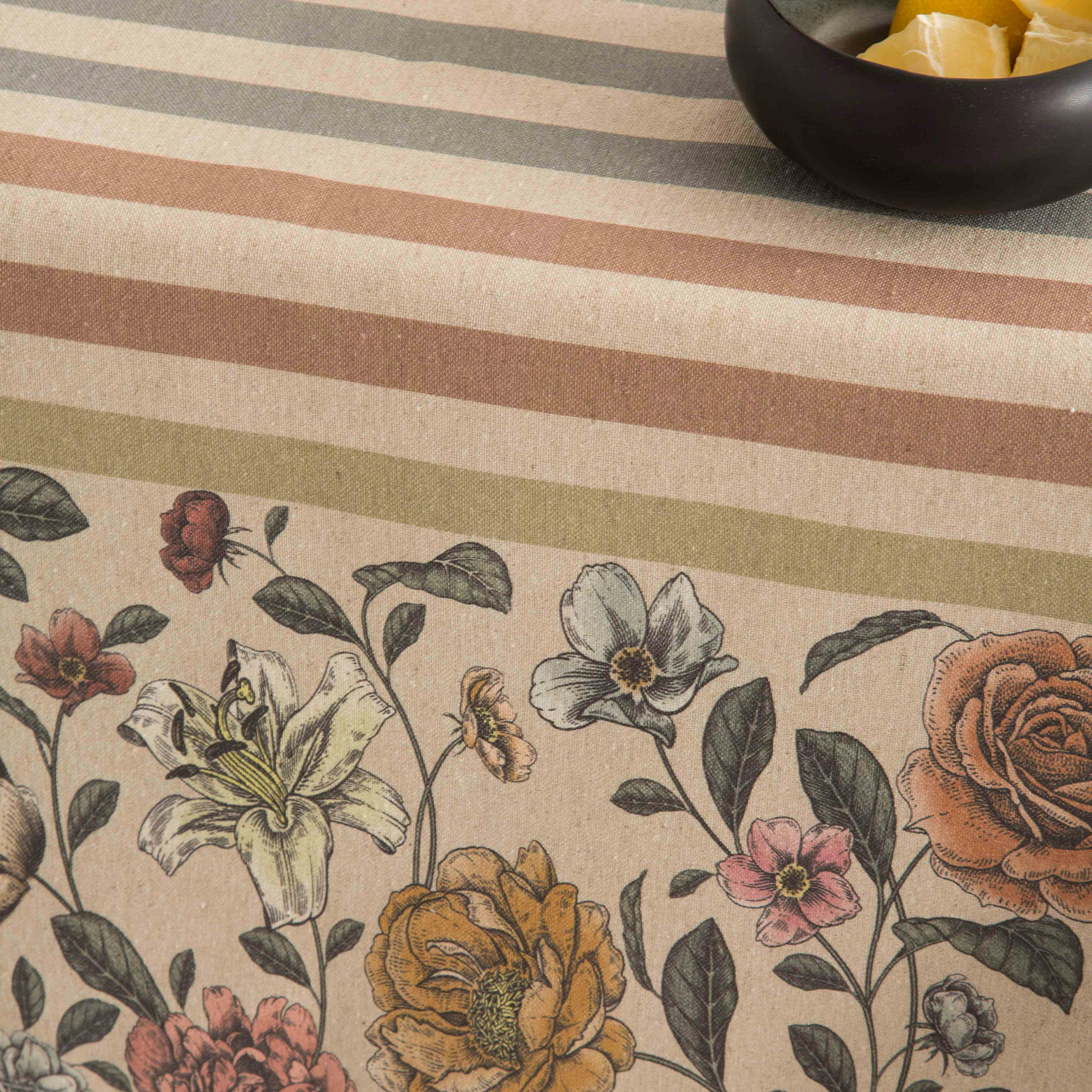 MAY MULTI - Nappe en lin imprimée taupe avec traitement anti-taches 140x140 cm