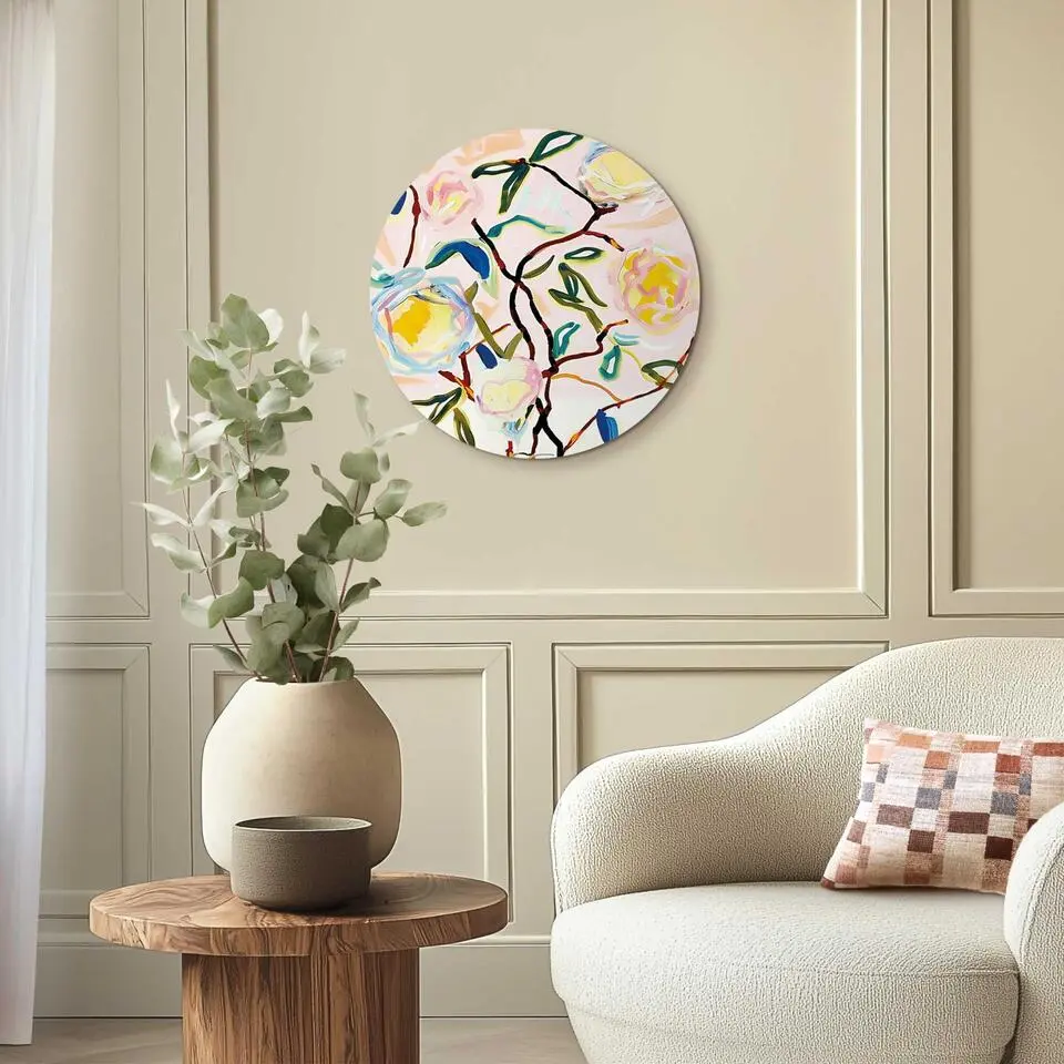 Glasschilderij Abstracte Bloesem - &Oslash; 50 - Bont