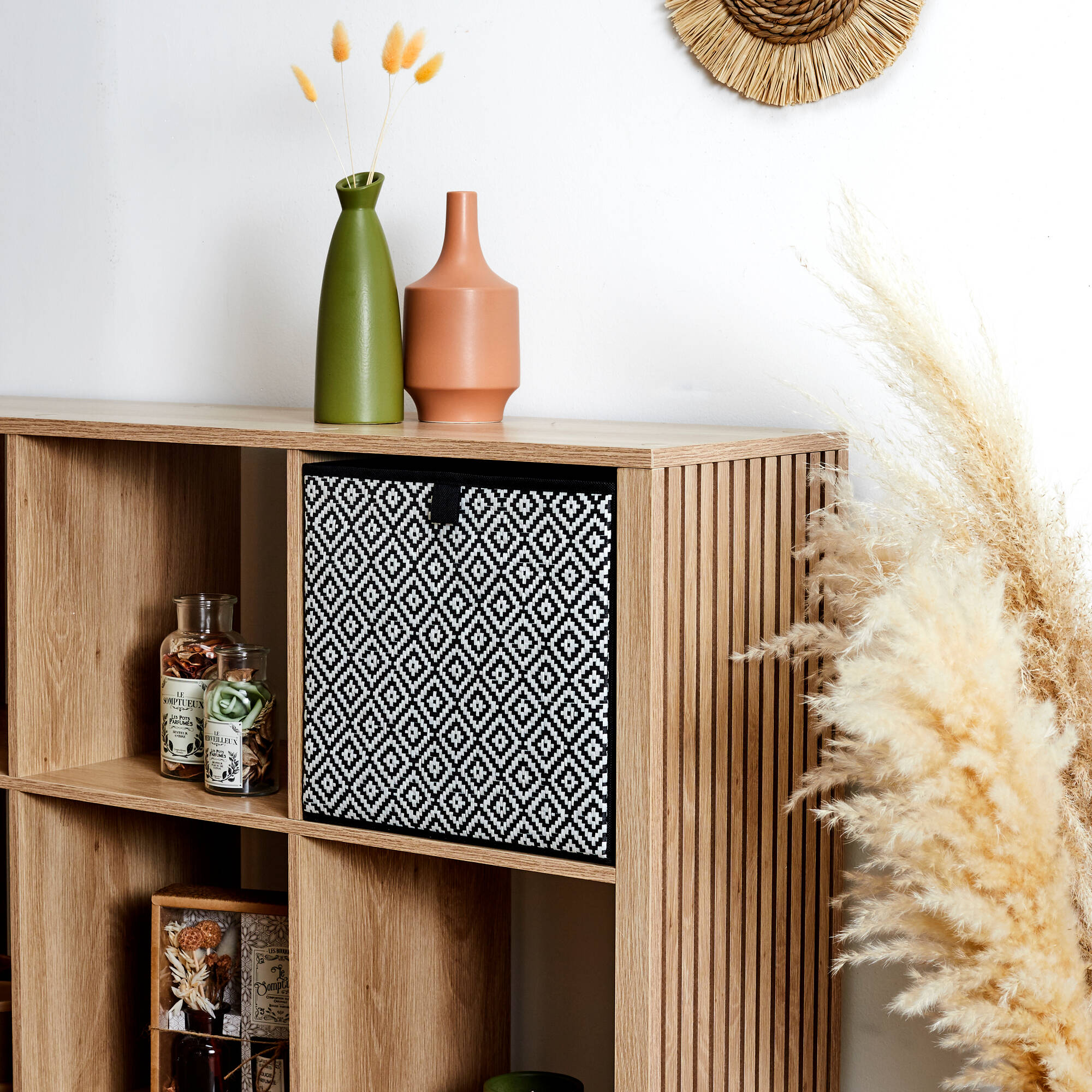Cube de rangement pliable, tissage fantaisie
