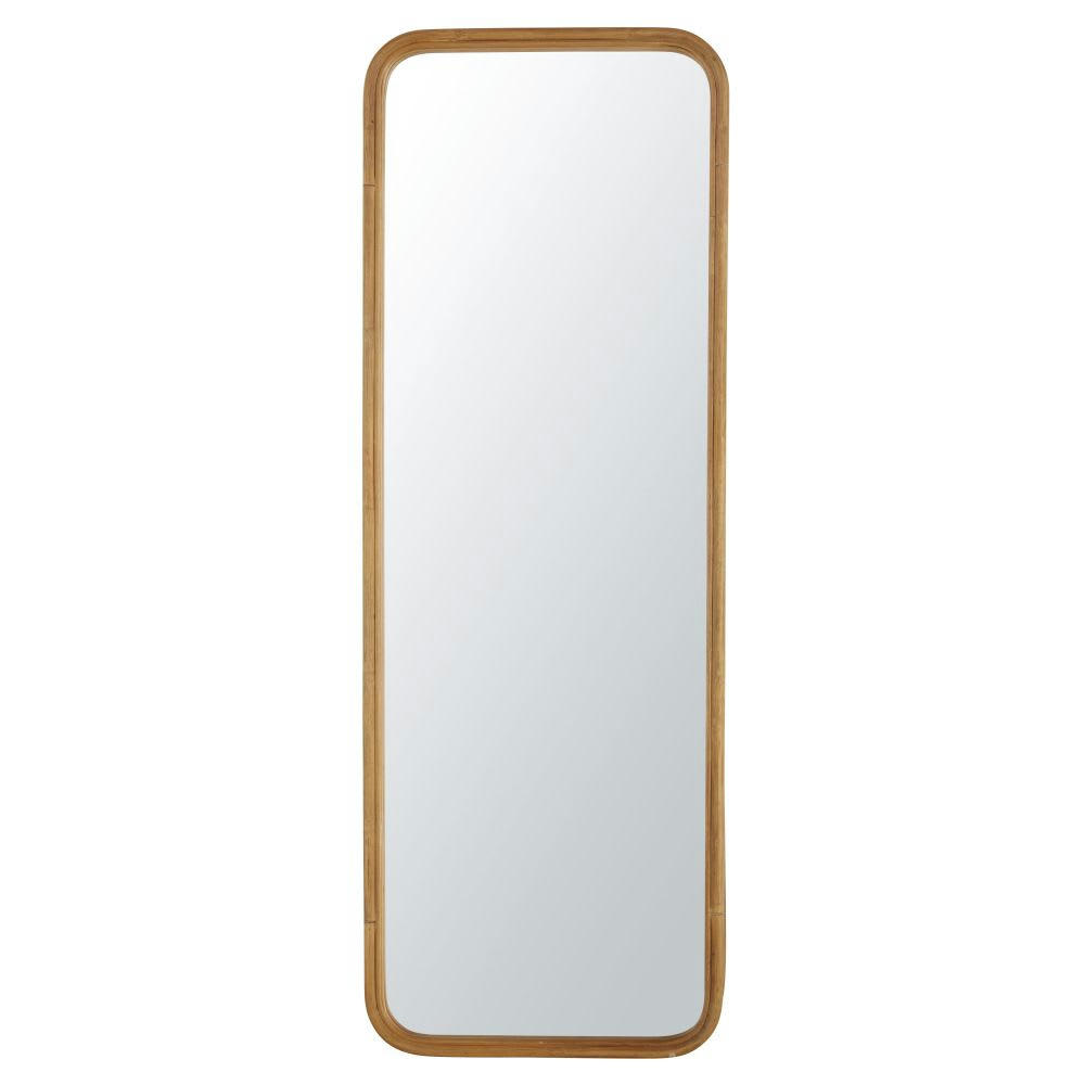 BAIXO - Grand miroir rectangulaire sur pied en rotin marron 61x170