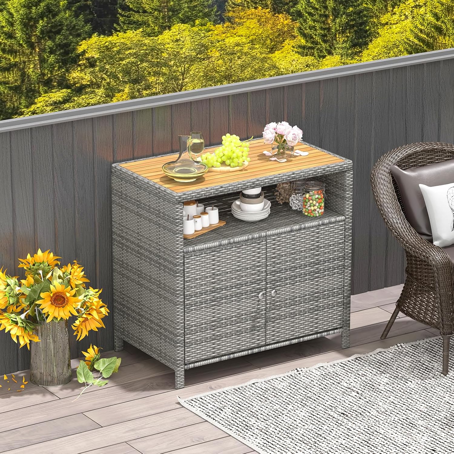 Tangkula Rattan Outdoor Storage Cabinet, Patiojoy Outdoor Cabinet with Acacia Wood Countertop, Open Compartment, 2-Door Wicker Sideboard, Outdoor Bar for Patio Garden Backyard Poolside (Mix Grey)