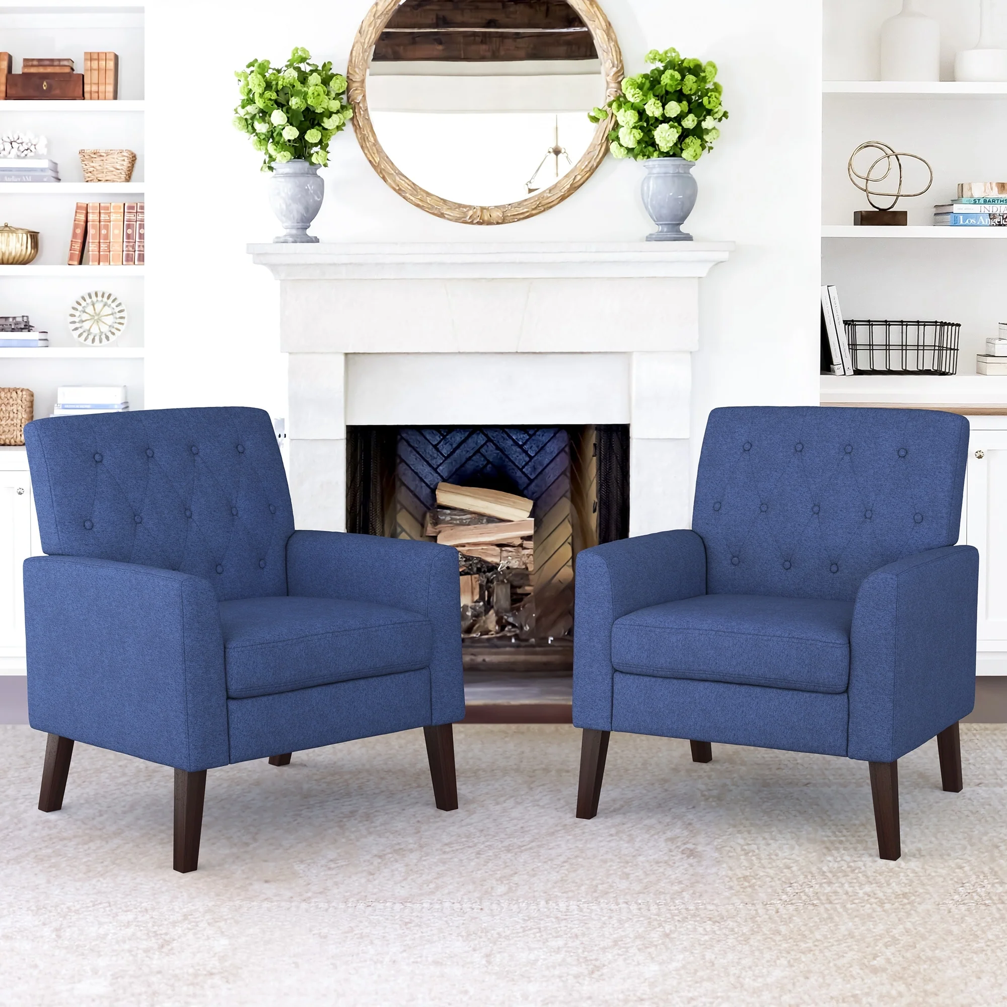 LUE BONA Linen and Walnut Legs Mid Century Modern Button Tufted Accent Chair (Set of 2) - 33.86'' H X 27.95'' W X 29.53'' D