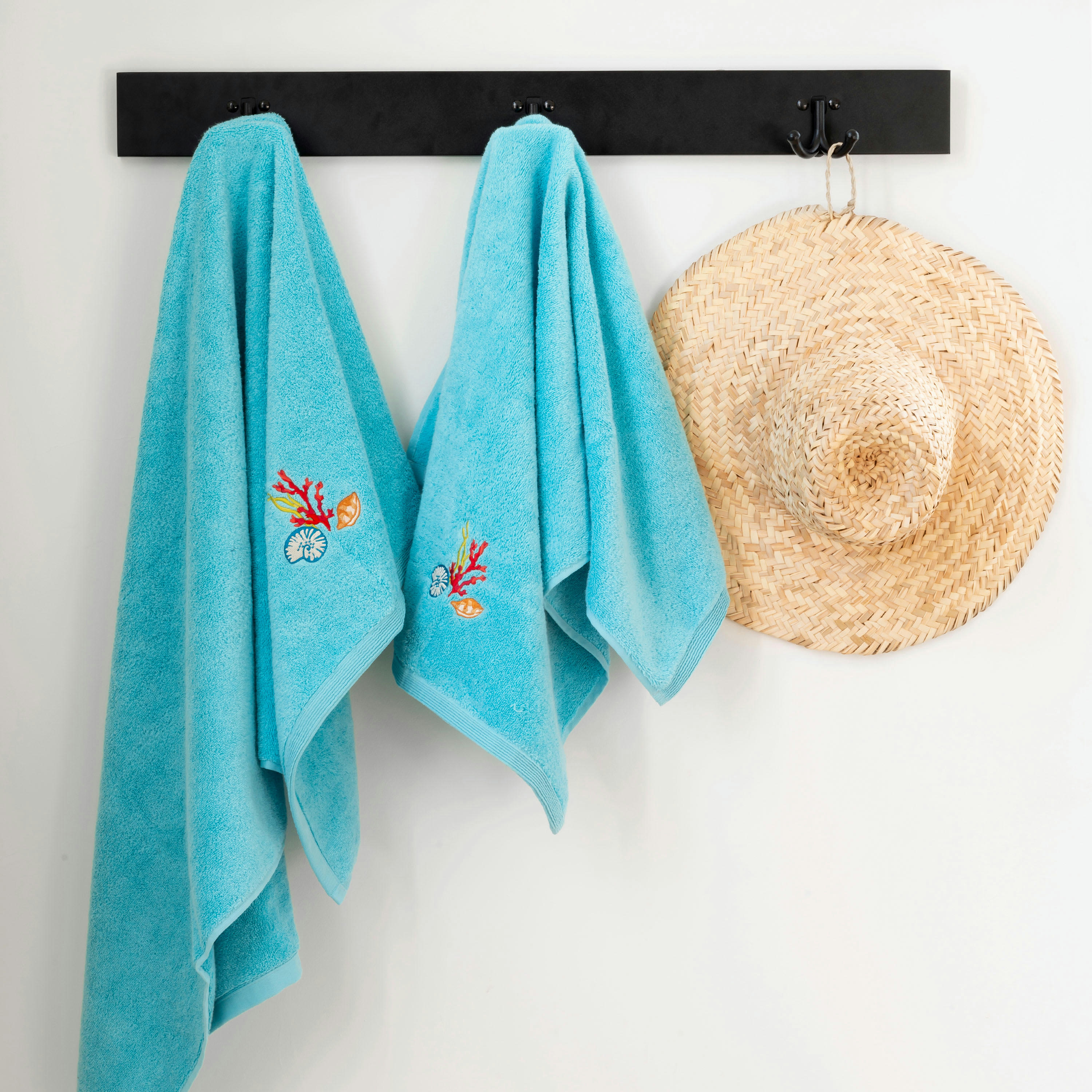 RECIF - Drap de bain coton bouclette brodé bleu 90 x 150 cm