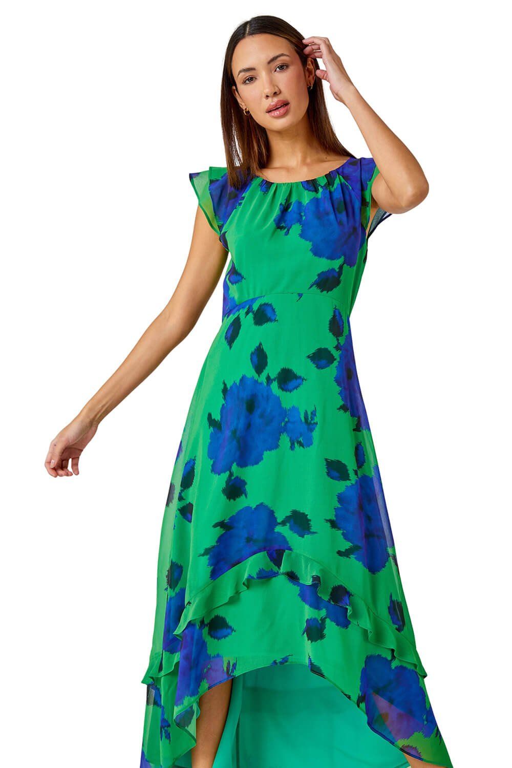 Roman Floral Frill Chiffon Asymmetric Midi Dress