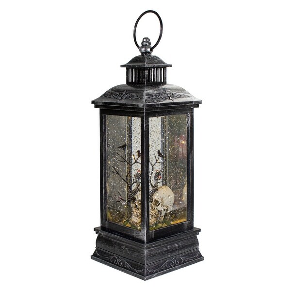 11" Black and Brushed Silver LED Skull Head Halloween Snow Globe Lantern