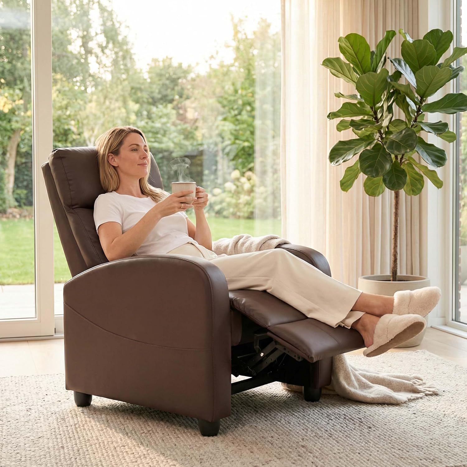 Sweetcrispy Recliner Chair PU Leather Recliner Sofa No Massage, Home Theater Seating with Lumbar Support, Adjustable Push Back Overstuffed High-Density Sponge Reclining for Living Room, Brown