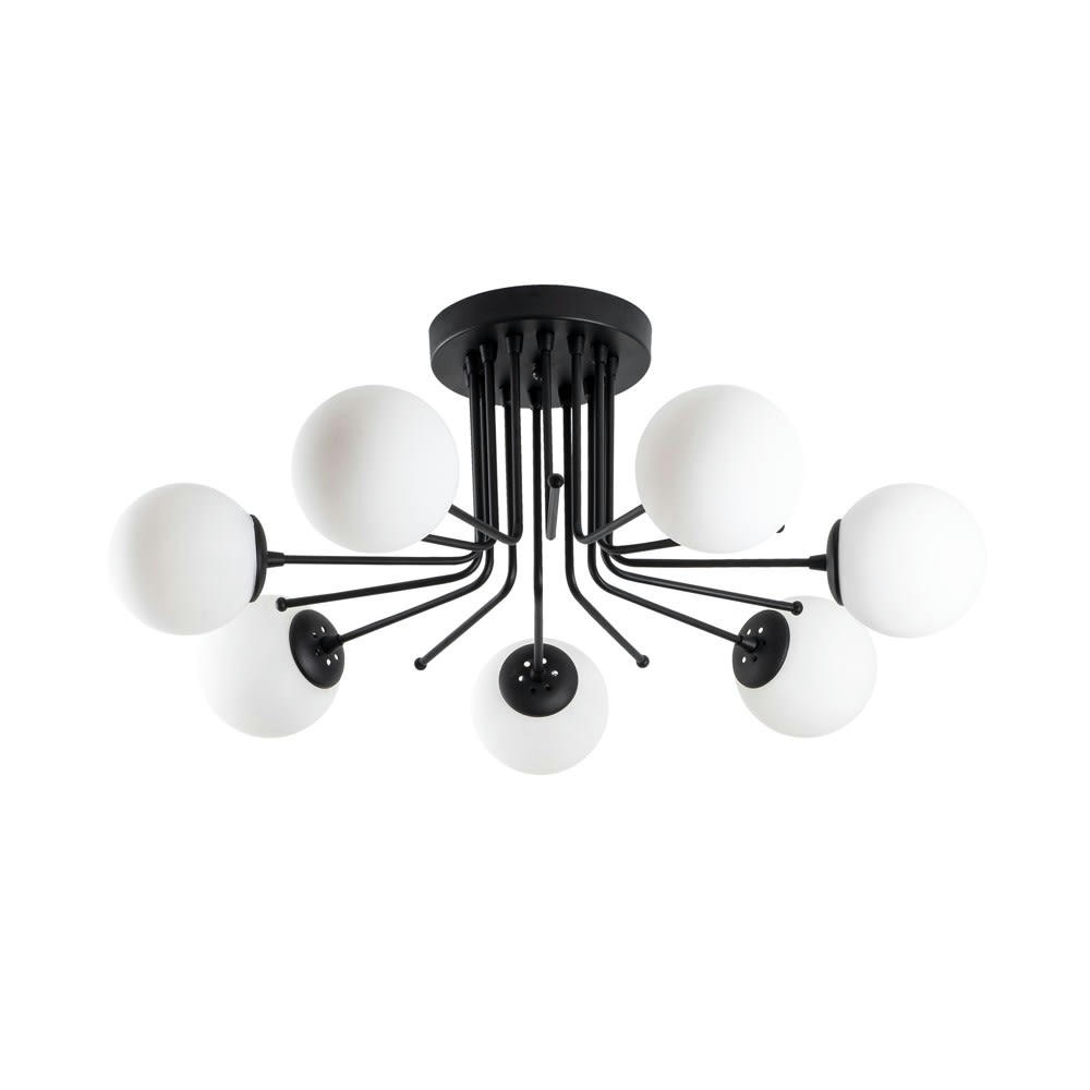 MARGA - Plafonnier noir 7 lumières avec sphères en verre blanc