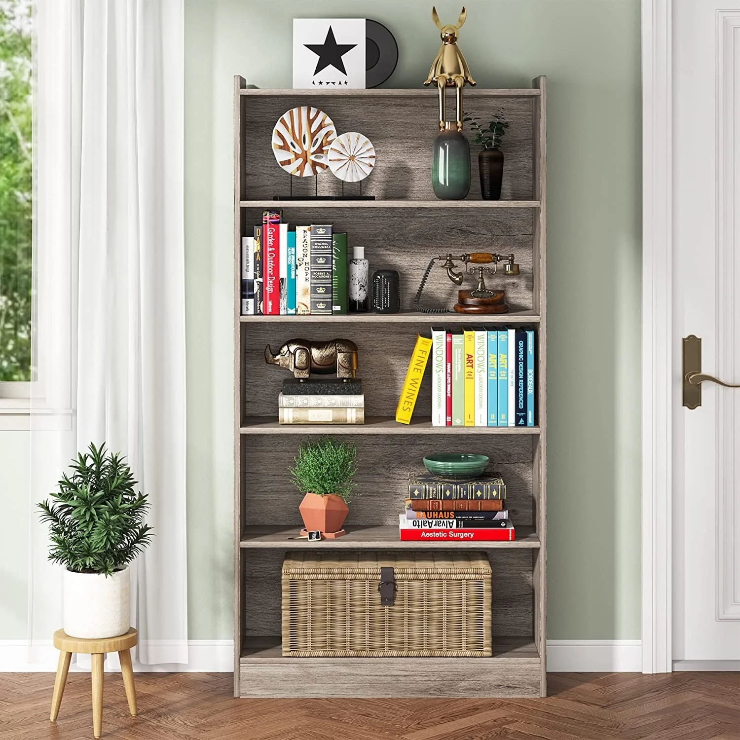 Industrial 72-inch Tall Bookcase 6-Tier Gray Library Bookshelf