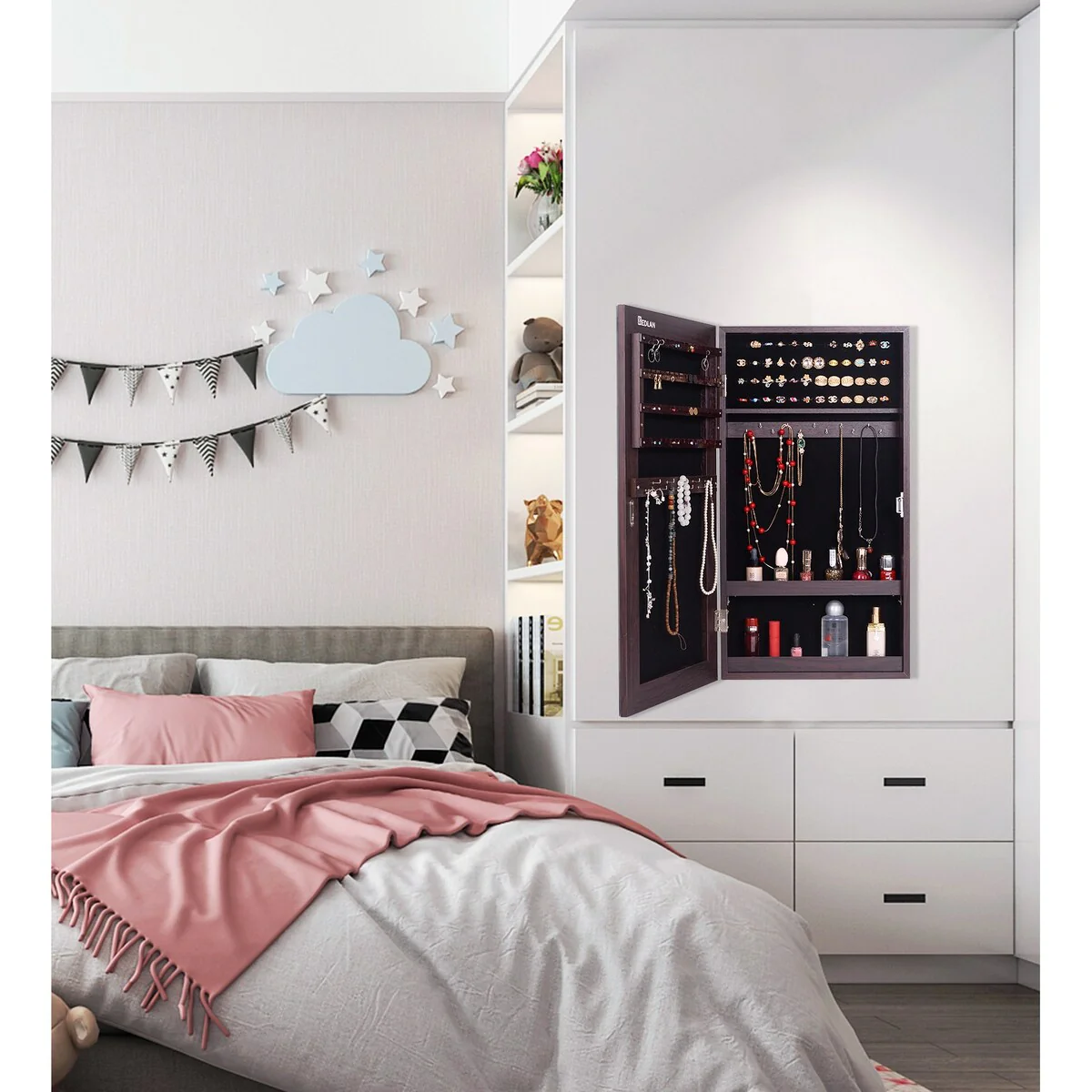 Nestfair Jewelry Armoires Storage Mirror Cabinet With LED Lights