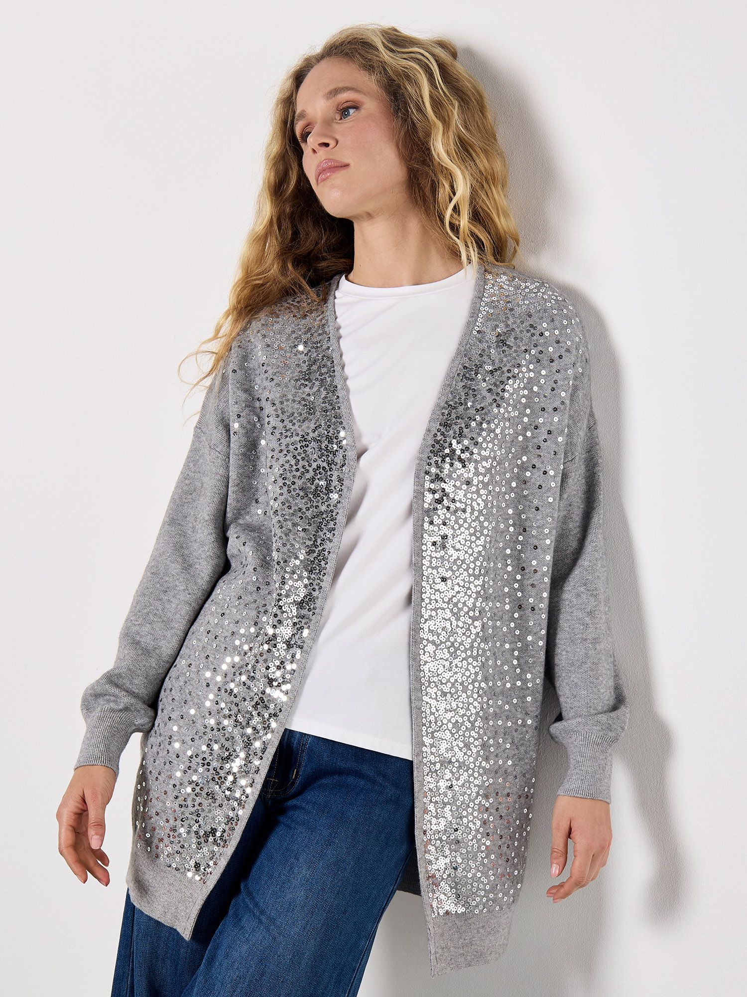 Apricot Sequin Embellished Long Cardigan