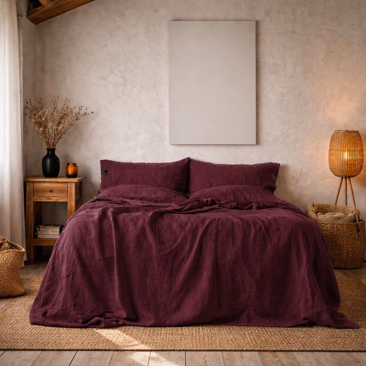 Burgundy Linen Duvet Cover Set, Soft Washed Linen Bedding, Deep Wine Color Bedding, Rustic Boho Bedroom Decor, Natural Flax Bedding Set
