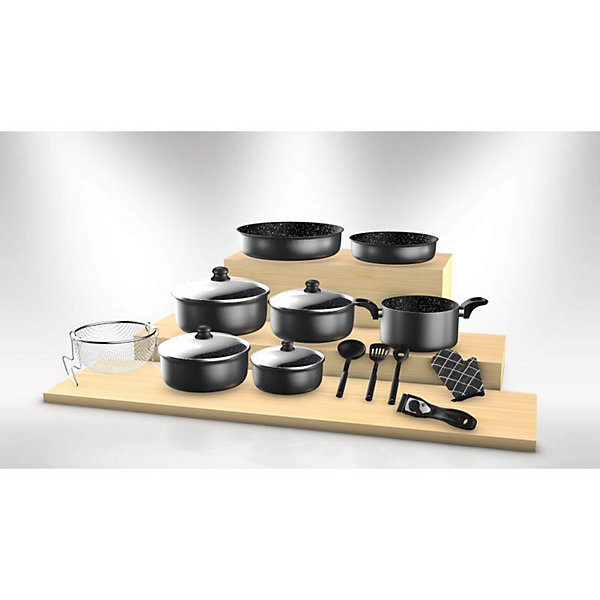 Batterie de cuisine revêtement pierre avec manche amovible 17 pièces noir HerzbergHG8055-BLK