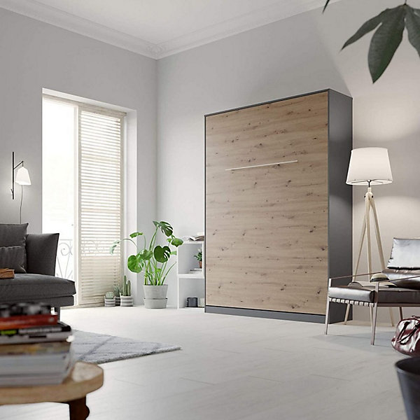 Armoire Lit escamotable Lit Mural Supérieur Vertical 120x200cm Anthracite-Chêne sauvage