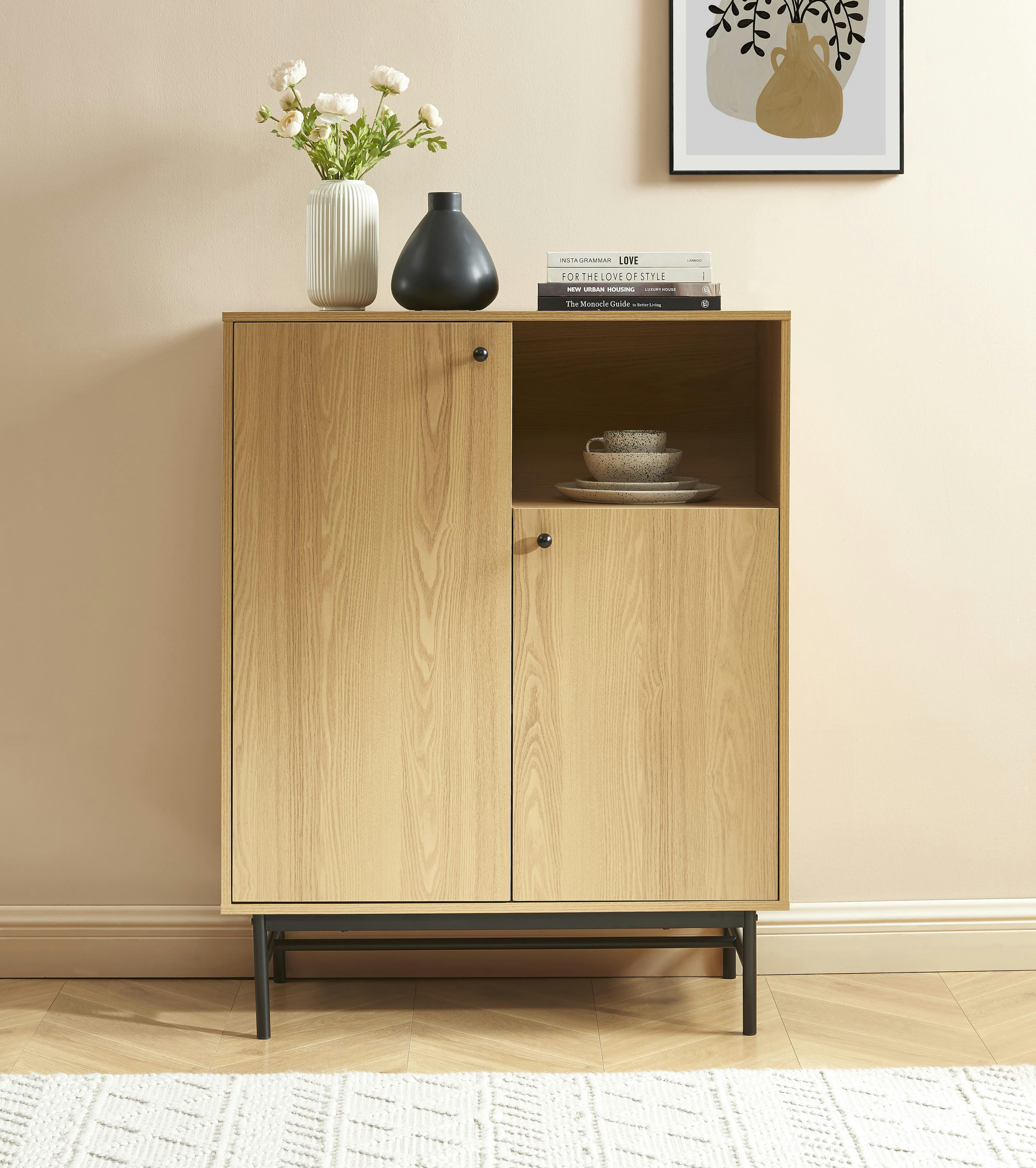 JAMES - Buffet haut  effet chêne pieds métal noir 90cm