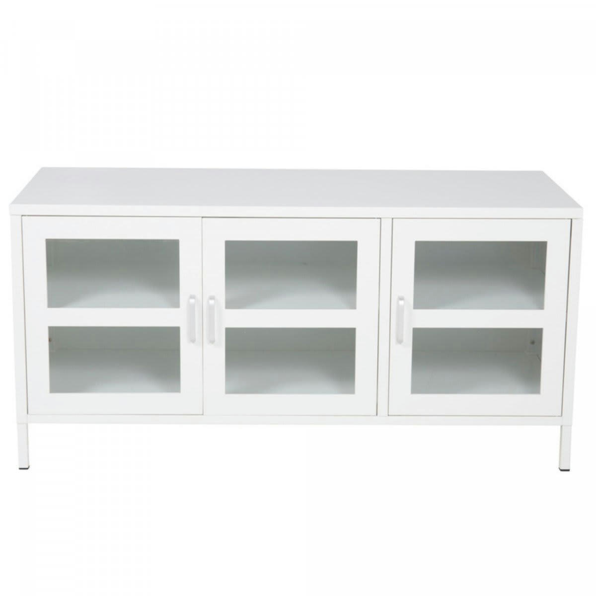 NATHAN - Meuble TV industriel en métal avec 3 portes vitrées blanc