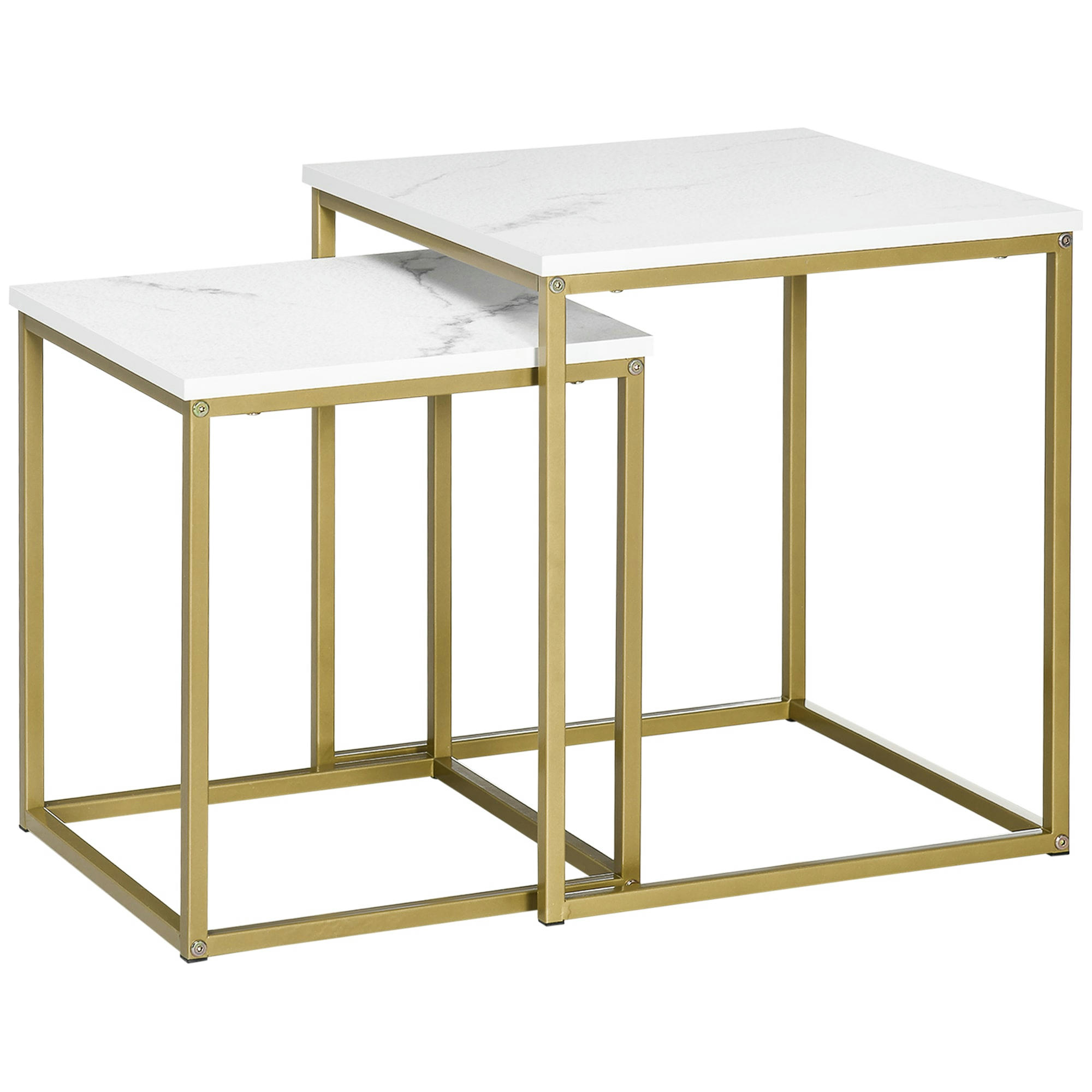 - Lot de 2 tables gigognes art déco acier doré aspect marbre blanc