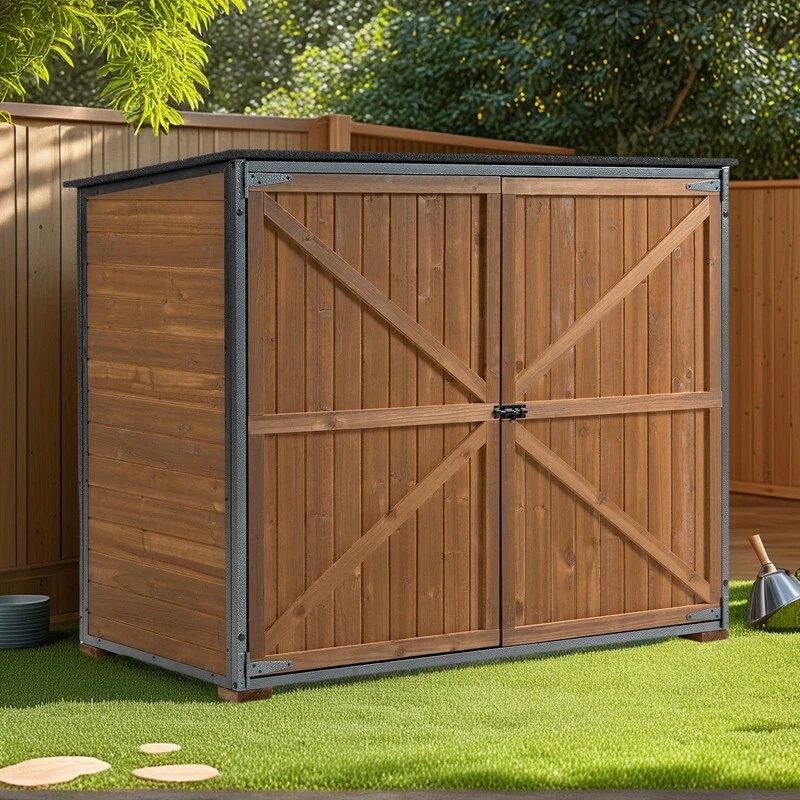 4.2 x 2.2 ft Wooden Garden Sheds Cabinet with All Around Strong Metal Frame, Waterproof Tool Shed with Shelves
