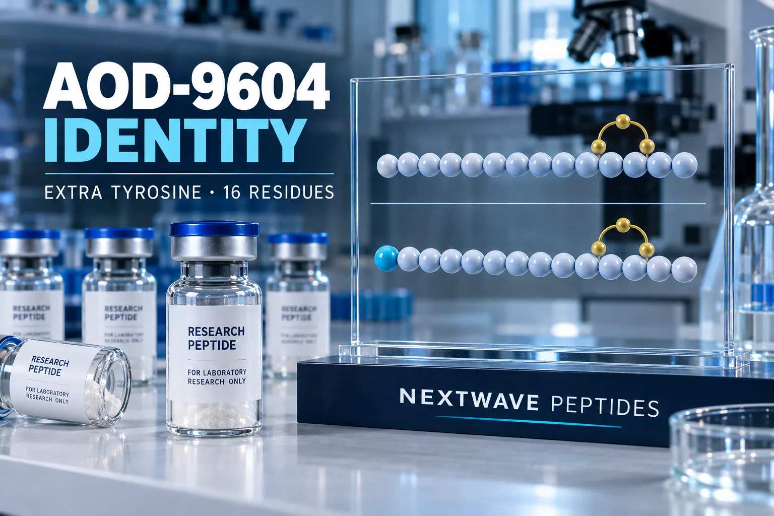 AOD-9604 research vials beside a laboratory identity diagram comparing a native 15-residue fragment with a 16-residue peptide containing an added tyrosine.