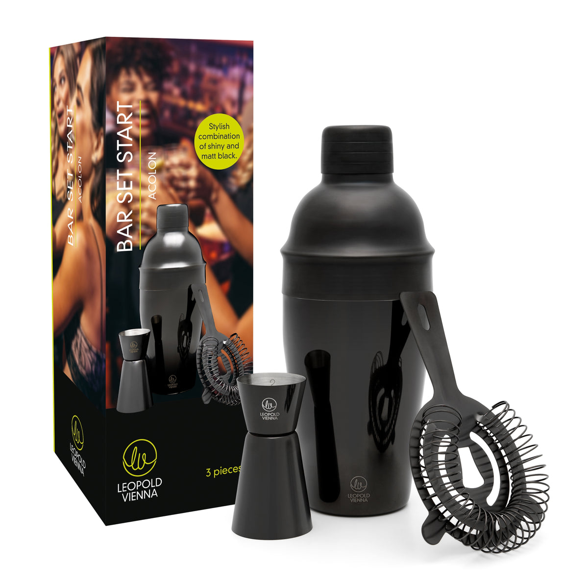 Leopold Vienna - Cocktail set Acolon 3-delig zwart (cocktail shaker, strainer, pipet) cadeau giftset