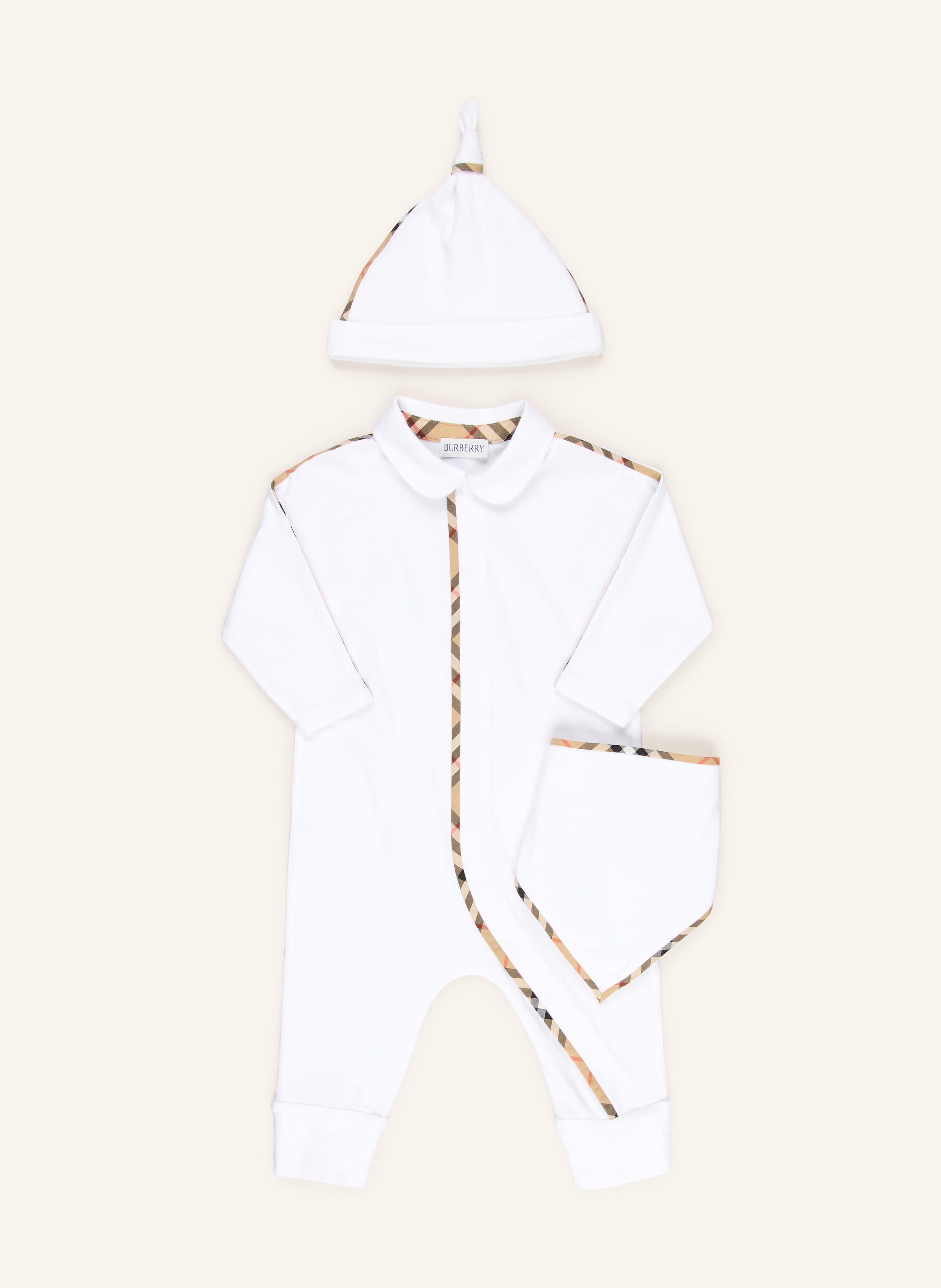 BURBERRY Set: Strampler, Mütze und Lätzchen