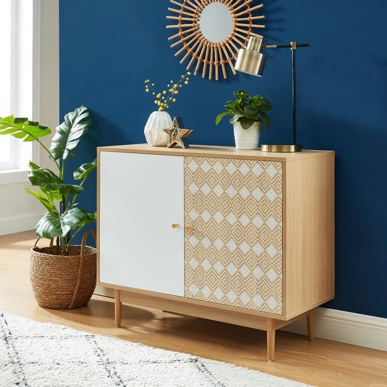 LEIKA - Buffet   blanc et effet bois et chêne  2 portes 90cm