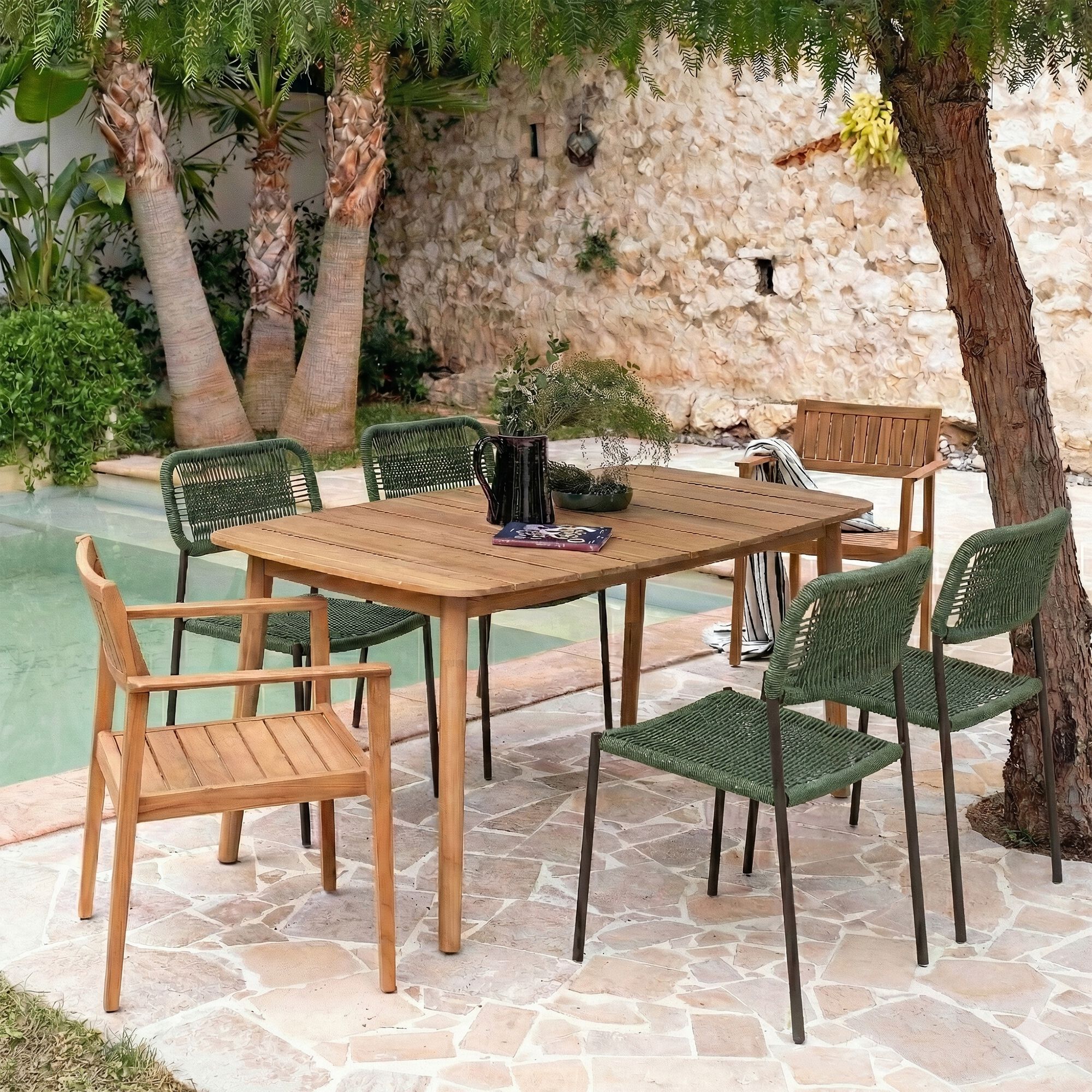 CADENET / LIAMONE / CARLO - Ensemble table et chaises de jardin en acacia, acier et cordage - bois clair (6 places)