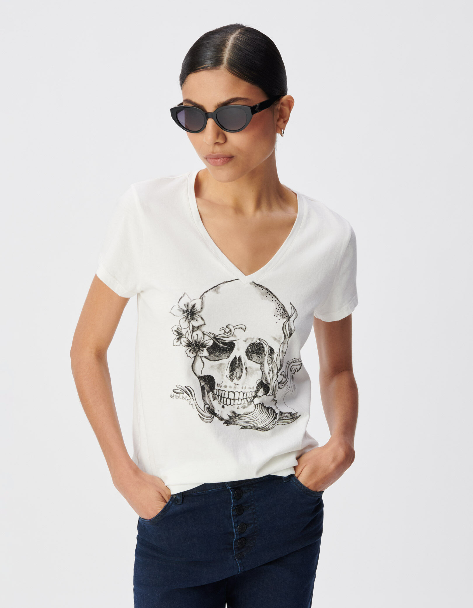 Tee-shirt col V blanc coton bio visuel tête de mort Femme