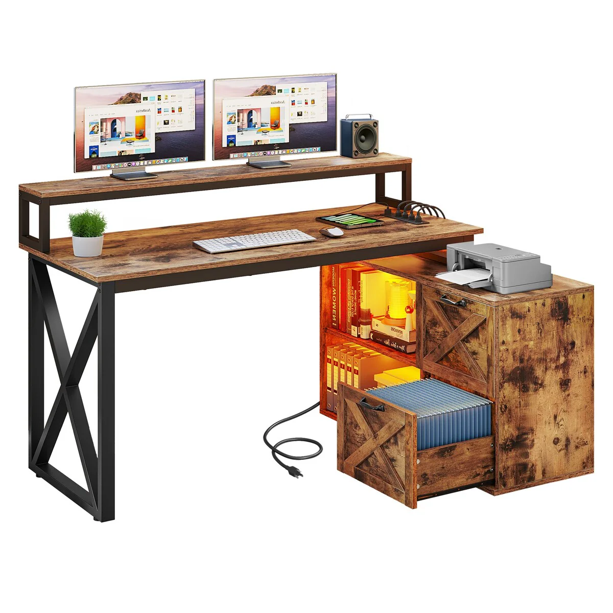 Moasis 55 L-Shaped Computer Desk Executive Office Gaming Desk with Letter Size File Cabinet & Power Outlets