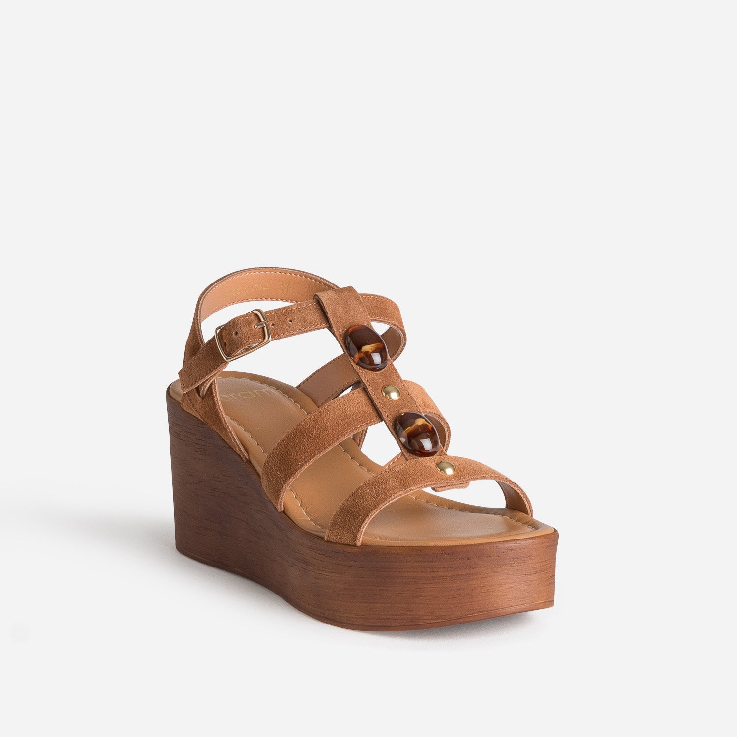 Sandale compensée camel cuir velours décor bijou