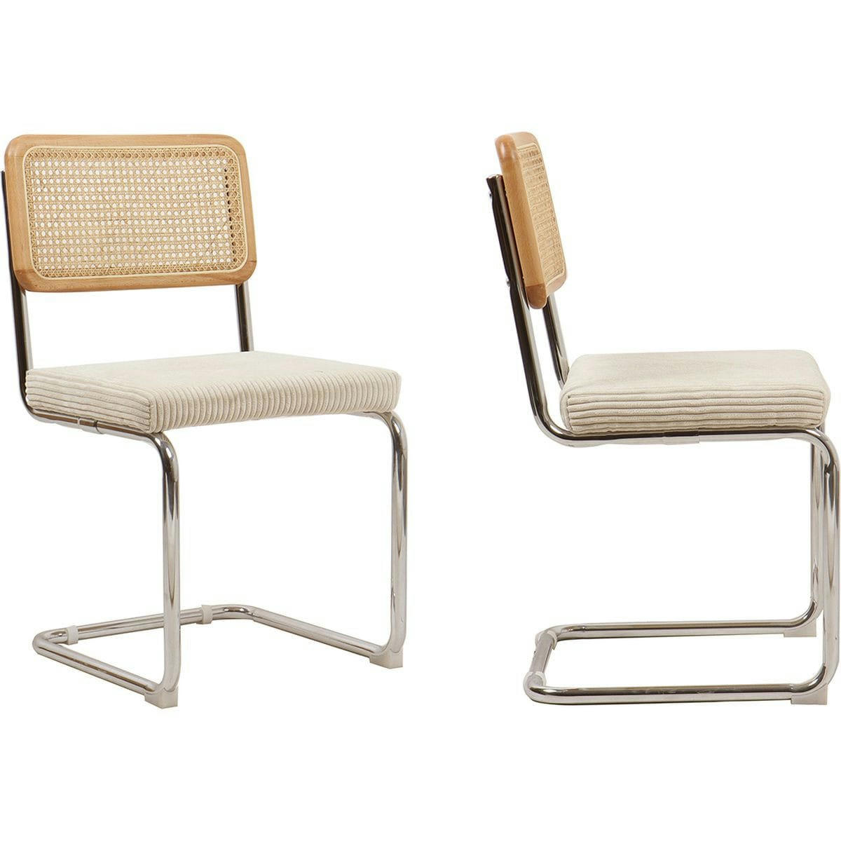 MUSE - Lot de 2 chaises en cannage velours côtelé beige et métal chromé