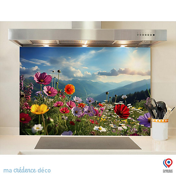 Crédence cuisine fond de hotte fleurs et montagnes - Verre trempé - L 90 cm x H 50 cm - MaCrédenceDéco