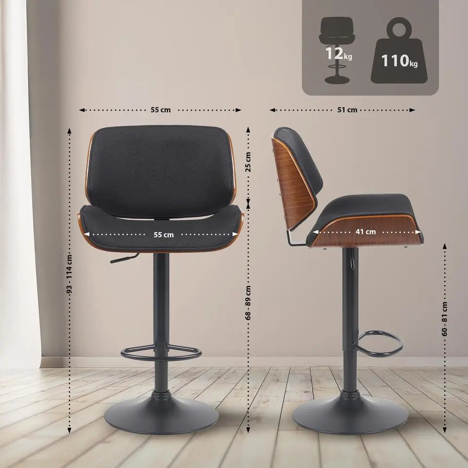 CLP Barkruk Beverley zwart Frame - Stof - walnoot/zwart