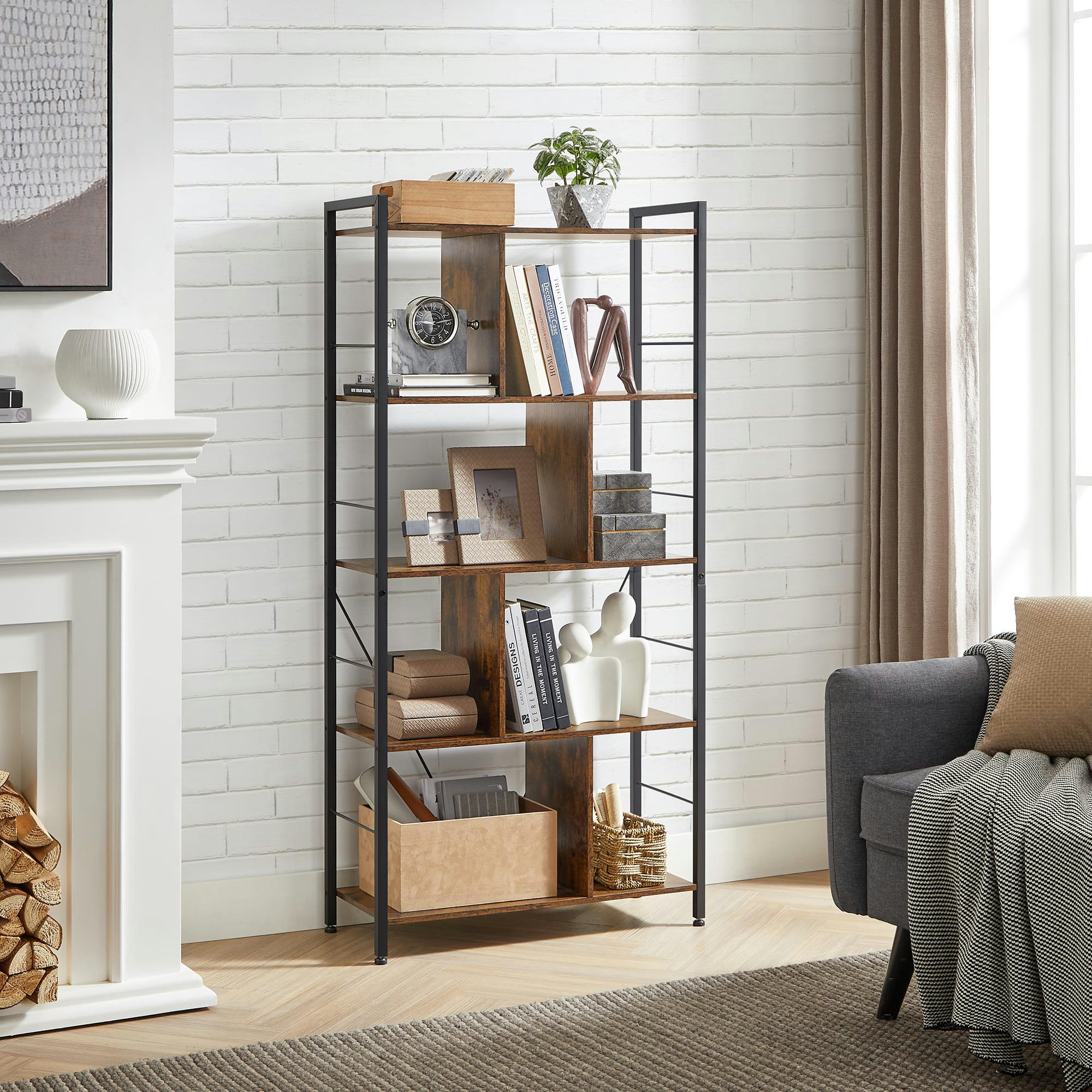 - Meuble de rangement 5 niveaux effet bois marron rustique et noir