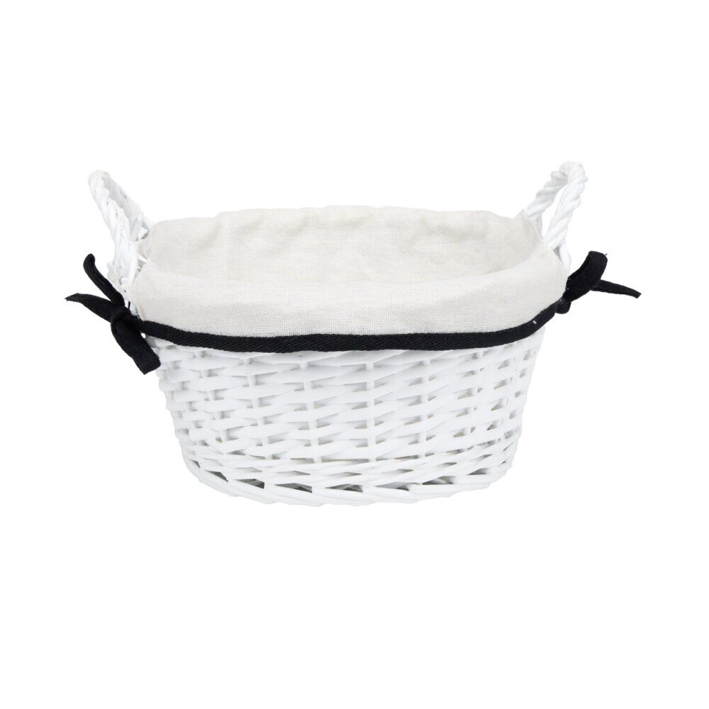 Panière ronde en bois tressé doublure tissu blanc noeud noir Ø25xH12cm