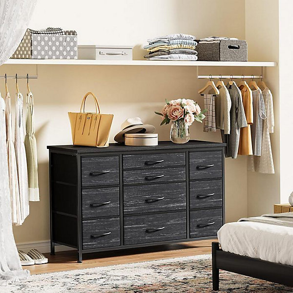 Commode de 10 tiroirs - PROMIRACAL - Style Moderne - Noir - Cadre métal - Plateau bois avec prises