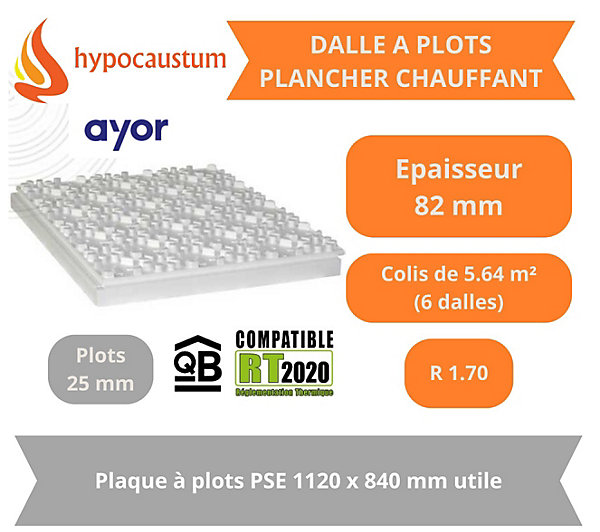 Dalle à plots pour Plancher chauffant 1120x840 mm Epaisseur 82 mm (57 isolant   25 plots) R1.70 Paquet de 5.64 m²