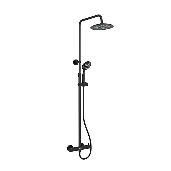 Colonne de douche thermostatique avec pommeau   douchette 2 jets   flexible   barre réglable, noir mat, Galedo Arty