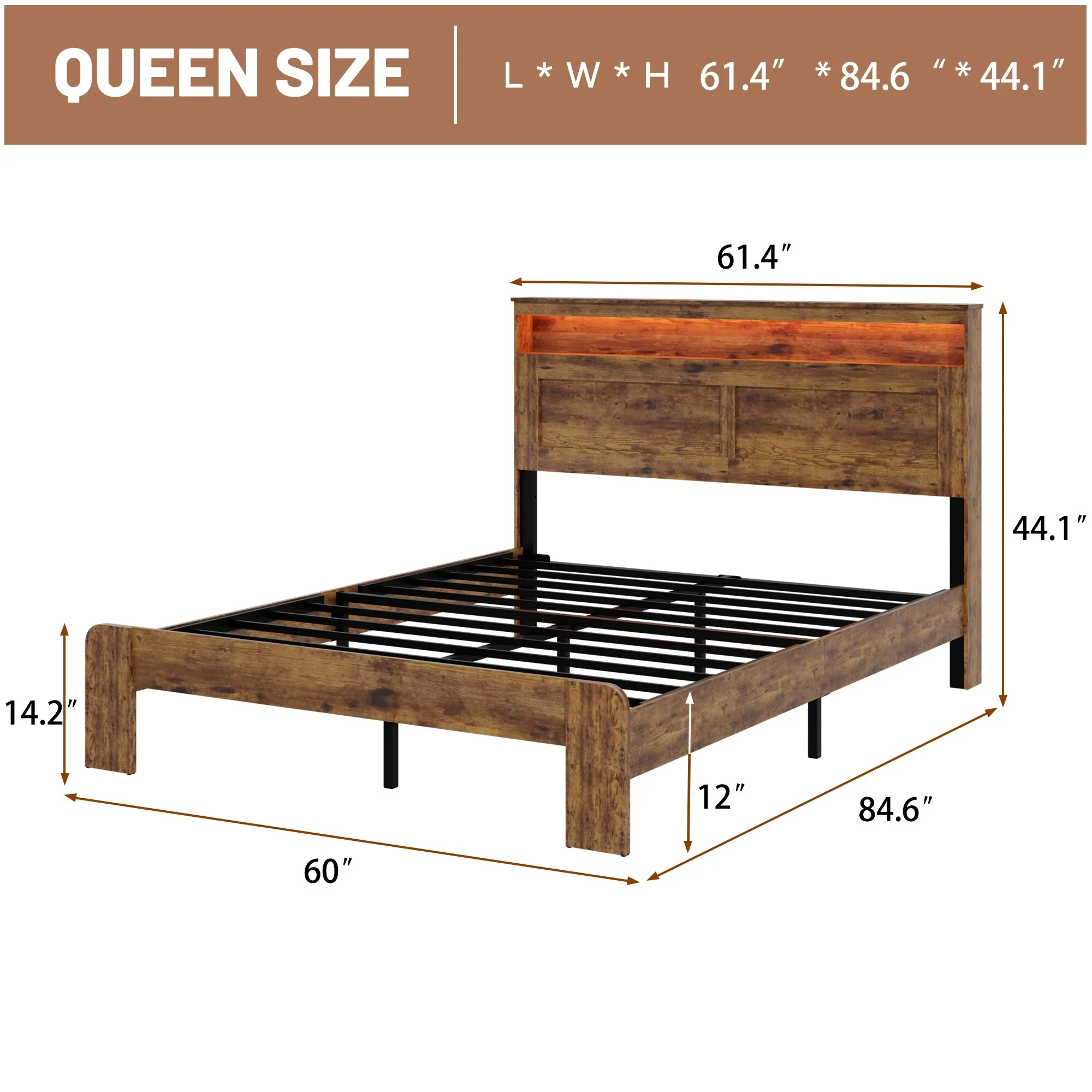 Bed Frame Queen Size, Wood Platform Bed Frame with Storage LED Light Headboard and 2 USB, Noise Free,Large Under Bed Storage