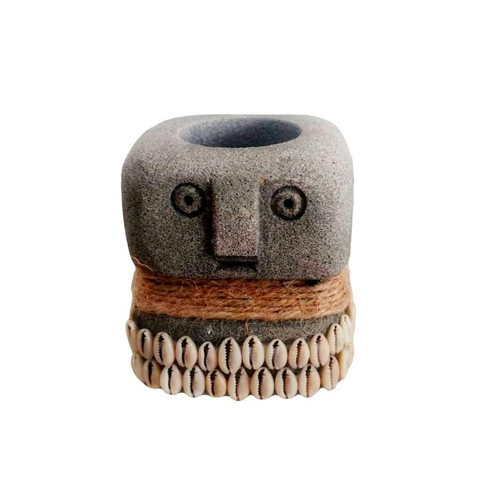 SUMBA - Porte-bougie en grès et coquillages, gris L8 x H9 x PR8 cm