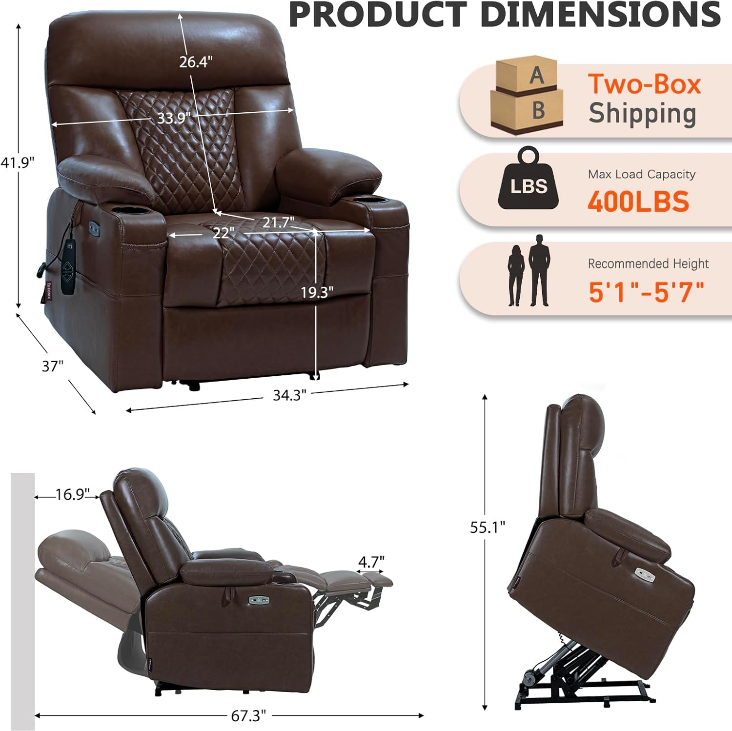 EONIX Small Power Lift Recliner Chair for Elderly with Heat and Massage, 400lbs Heavy Duty Electric Recliner Chairs for Adults with Cup Holders and USB Charging Ports, SLRY019020, Dark Brown