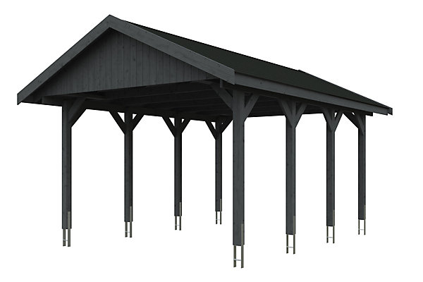 Carport SKAN HOLZ Wallgau 430 x 600 cm, traitement coloré gris ardoise, avec bardeaux noirs