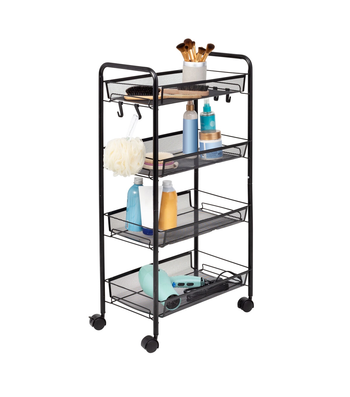 Honey Can Do 17.5 x 33 Black 4 Tier Metal Storage Cart With 5 Hooks
