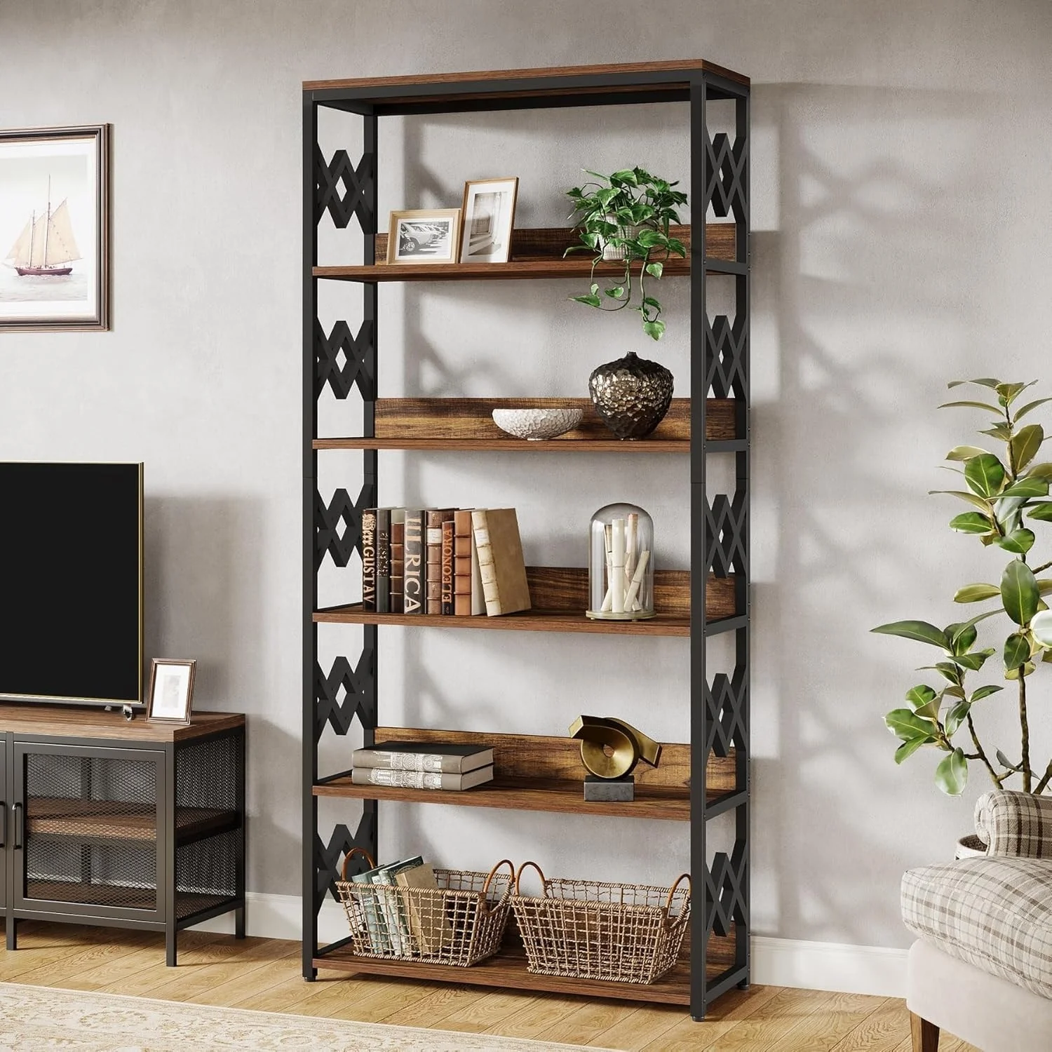 70.8-Inch Vintage Industrial Bookcase with 6-Tier Open Shelves and Back Fence
