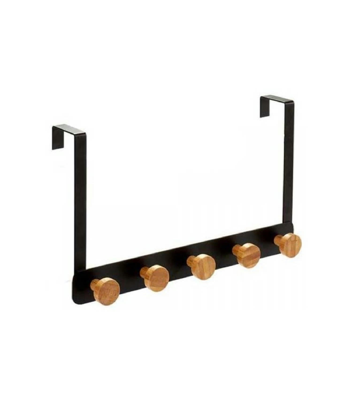 - Portemanteau de porte en métal noir et 5 crochets en bambou