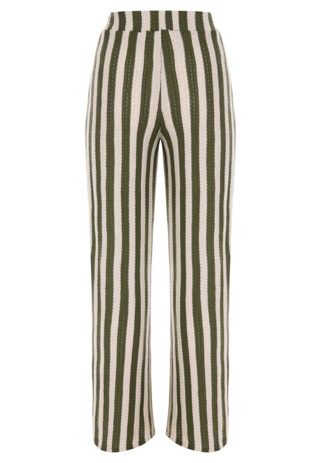 Womens Khaki Stripe Textured Wide Leg Trousers