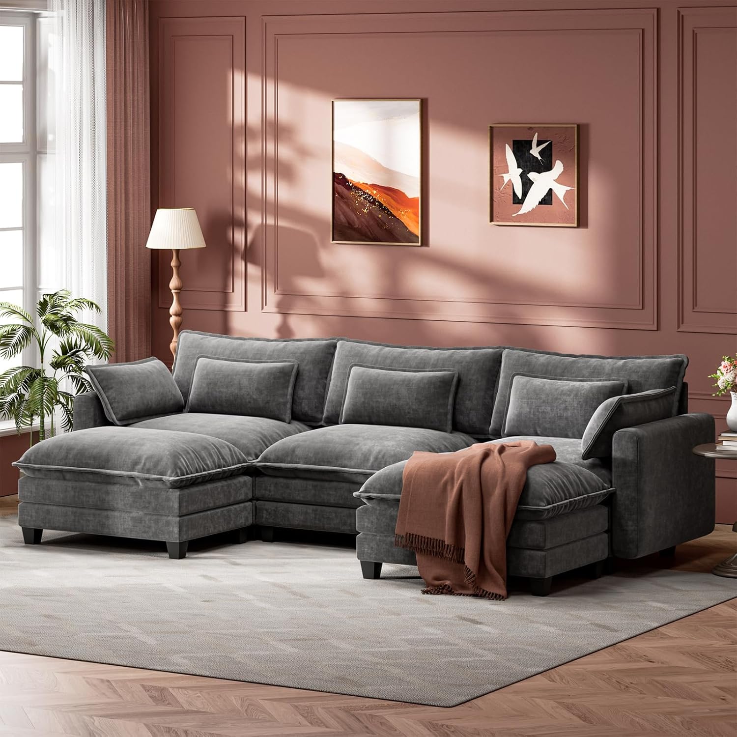 Marsail Modular Sectional Sofa 110.6 U-Shaped Modern Comfy Cloud Couch, 5-Seat Chenille Deep Seat Sofa with Throw Pillow & Movable Ottoman for Living Room, Bedroom and Apartment, Grey