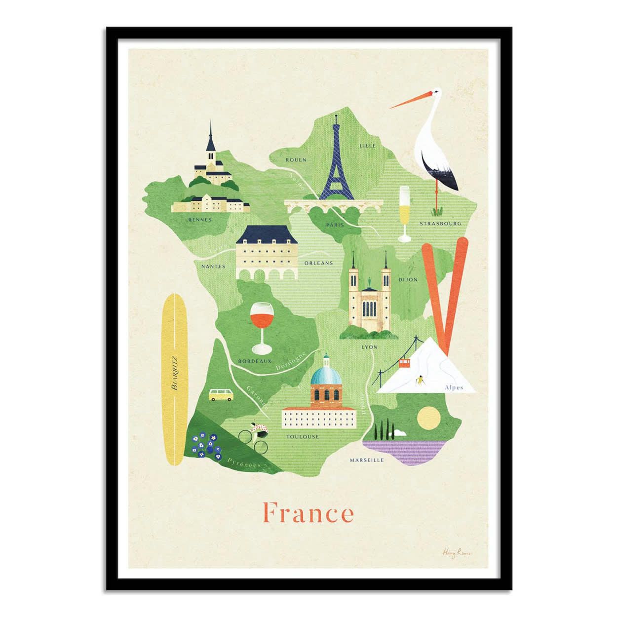 HENRY RIVERS - CARTE DE FRANCE - Affiche d'art 50 x 70 cm