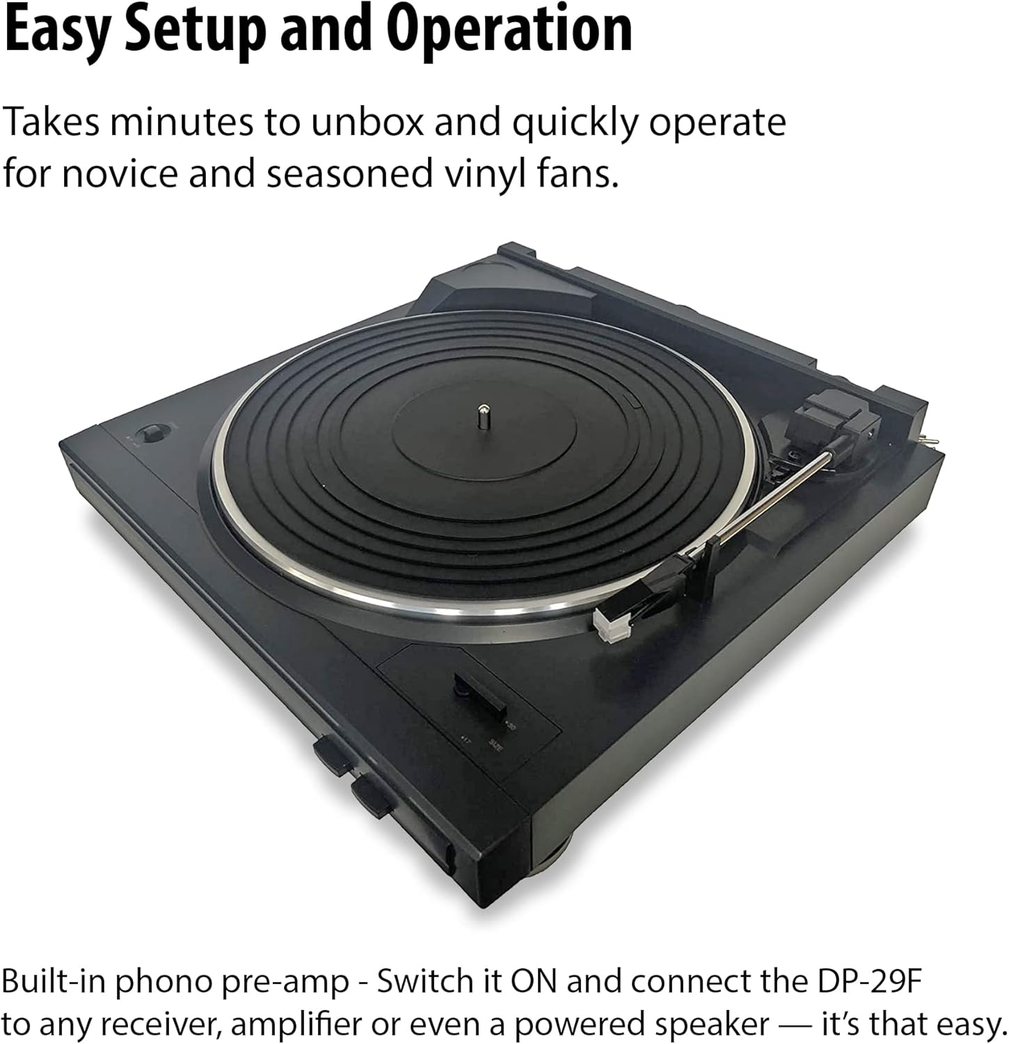 Denon DP-29F Fully Automatic Record Player, Analog Turntable with Built-in RIAA Phono Equalizer, Unique Automated Tonearm Design, Manual Lifter Mechanism, Rigid Diecast Aluminum for Stability