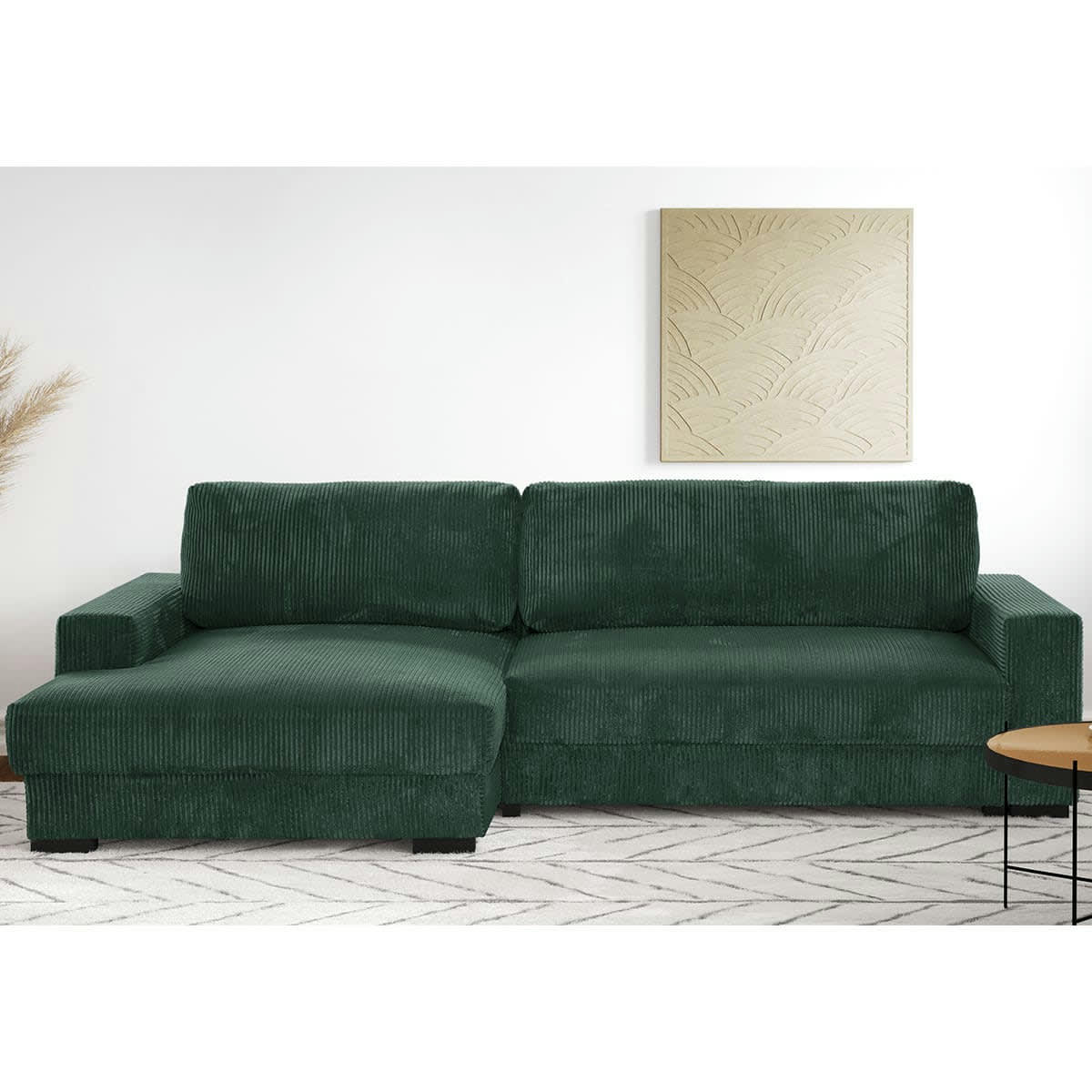 ARTY - Canapé d'angle à gauche convertible 3 places en velours côtelé vert