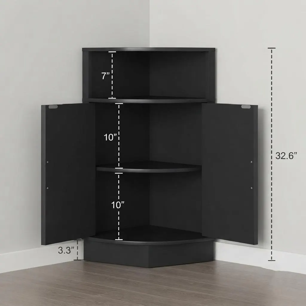 Corner Cabinet with Fluted Wood Doors and Gold Handles – Modern Storage Solution